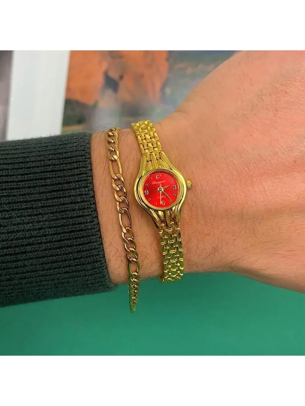 Minimalistic Gold and Red Face round dainty stainless steel y2k 2000s style